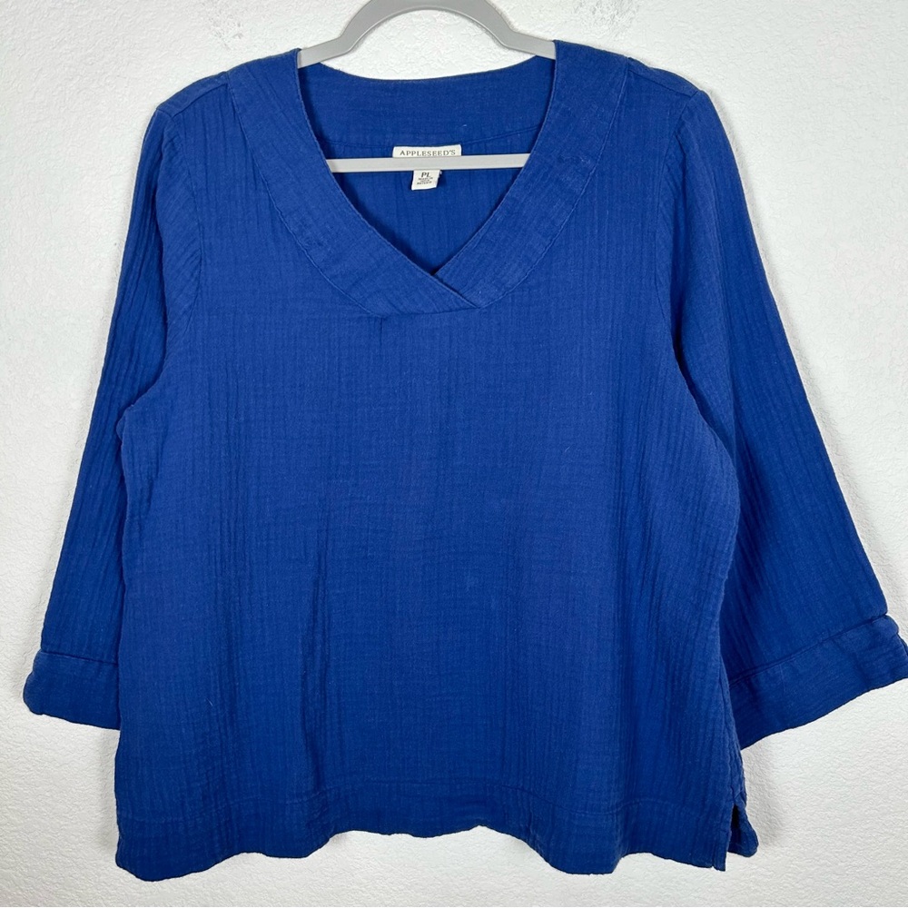 Appleseeds Womans Sz PL double gauze Royal blue top Capsule Cottagecore …